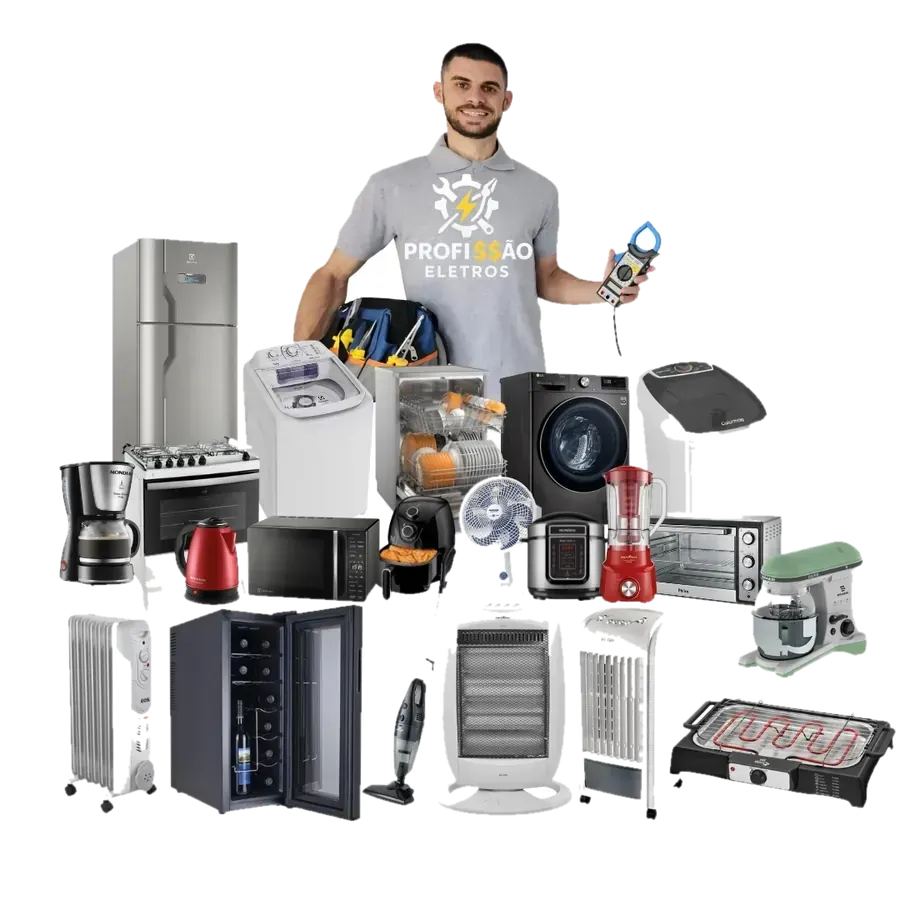Instrutor do curso Profissão Eletrodomésticos com ferramentas e vários eletrodomésticos